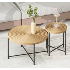 2-Piece Coffee And End Table Set -Waterproof MDF With PVC Cover, Distressed Cylindrical Design, Black Metal Legs -Classic Rustic Charm, Technical Wood