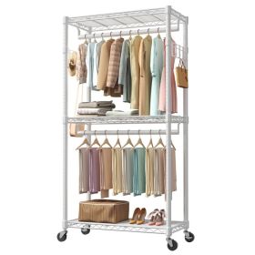 Adjustable Clothes Hanger, A Metal Movable Wall-mounted Hanger With Wheels, Used For Hanging Clothes, Equipped With 2 Side Hooks And 2 Rods (Option: White  35.5IN)