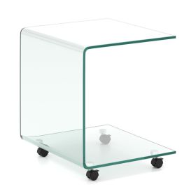 C Shaped End Table Modern Tempered Glass Side Table With Shelf With 4 Swivel Lockable Wheels  Coffee Table, Snack Table, Sofa Table, Laptop Table (Option: Transparent)