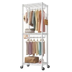 Adjustable Clothes Hanger, A Metal Movable Wall-mounted Hanger With Wheels, Used For Hanging Clothes, Equipped With 2 Side Hooks And 2 Rods (Option: White  23.6IN)