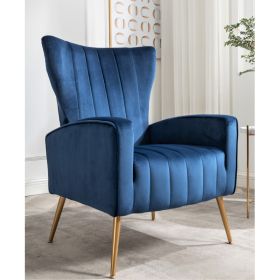 Velvet Accent Chair With Metal Legs, Modern Upholstered Armchair, Wingback Side Chair For Living Room Bedroom Small Spaces (Option: Blue)
