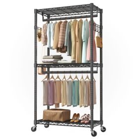 Adjustable Clothes Hanger, A Metal Movable Wall-mounted Hanger With Wheels, Used For Hanging Clothes, Equipped With 2 Side Hooks And 2 Rods (Option: Black  35.5IN)
