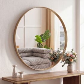 Round Wall Mirror With Metal Frame, Bathroom Round Wall Mirror (Option: Gold  28IN)