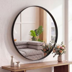 Round Wall Mirror With Metal Frame, Bathroom Round Wall Mirror (Option: Black  28IN)